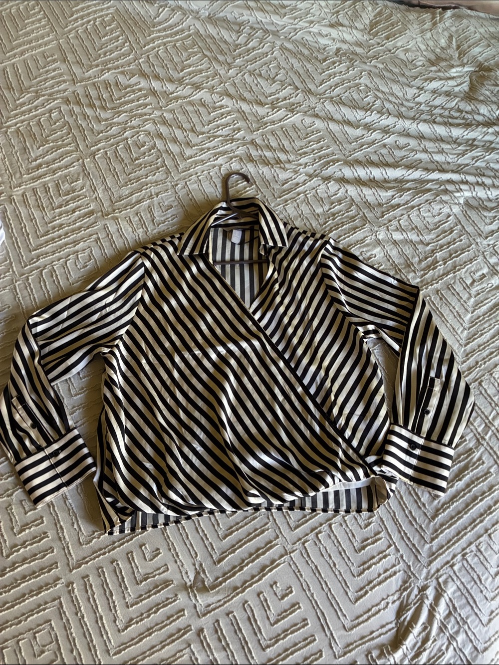 H&M Black and White Striped Wrap-Style Button Down Blouse